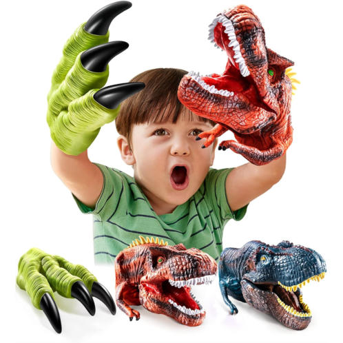 Geyiie Dinosaur Toys Hand Puppet for Kids, Dinosaurs Claws Head Soft Rubber, Dino Figures Set Animal Glove T-Rex Velociraptor Puppets Gifts for boys/Girls Age 3 4 5 6 7, 3 Pack