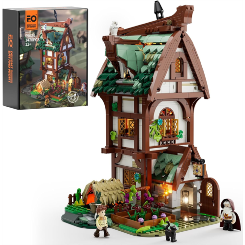 FUNWHOLE Medieval Apothecary Shop Lighting Building-Bricks Set - Compatible with Legos Medieval Series Collectible Display House 1470 Pcs for Adults and Teen