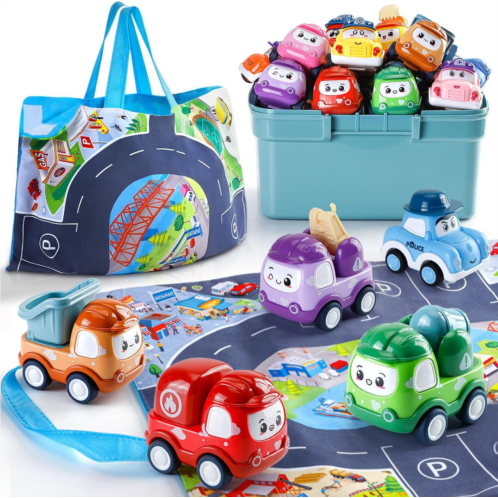 Kiddiworld Mini Car Toys for 1 Year Old Boy Gifts, 12 Sets Pull-Back Trucks with Playmat/Storage Box for Toddlers Age 1-2, Baby Toys 12-18 Months, 1st Christmas Birthday Gifts for One Year Ol