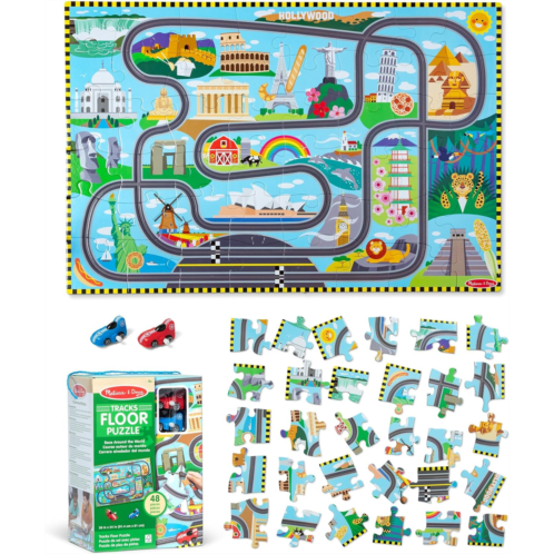 Melissa & Doug Race Around The World Tracks Cardboard Jigsaw Floor Puzzle and Wind-Up Vehicles - 48 Pieces, for Boys and Girls 4+ - FSC Certified