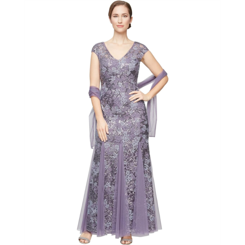 Womens Alex Evenings Long Embroidered Fit-and-Flare Dress with Godet Detail Skirt and Shawl