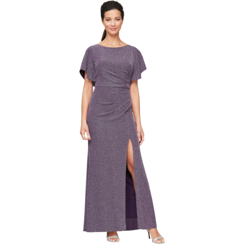 Alex Evenings Long Flutter Sleeve Dress with Ruche Waist Detail and Front Slit