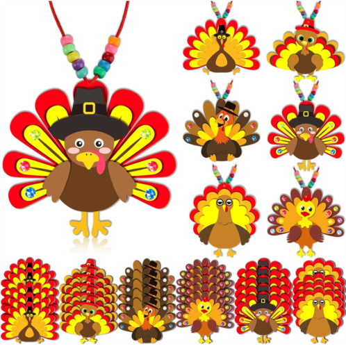 Misdary 30 Pcs Thanksgiving Crafts for Kids Thanksgiving Turkey Necklaces Crafts Bulk Turkey Beaded Necklace Making Kit for Thanksgiving Fall Party Classroom DIY Game Activities, 6 Styles