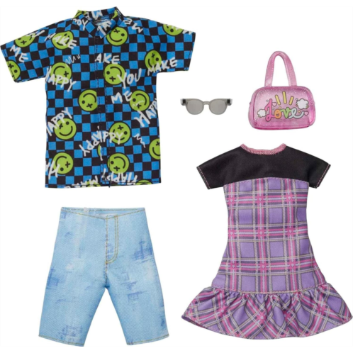 Barbie Ken Fashions 2-Pack Clothing Set, 1 Outfit & Accessory for Barbie Doll: Plaid Dress & Purse, 1 Outfit & Accessory for Ken Doll: Smiley Face Dress Shirt & Denim Shorts, for K