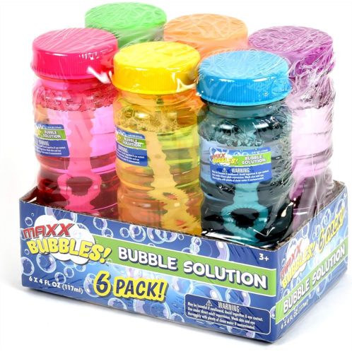 Sunny Days Entertainment 6 Pack Bubble Solution - 4oz Bubble Blower Bottles with 6-Hole Wand Bottle of Bubble Solution for Kids Birthday Party Favor Toy - Maxx Bubbles