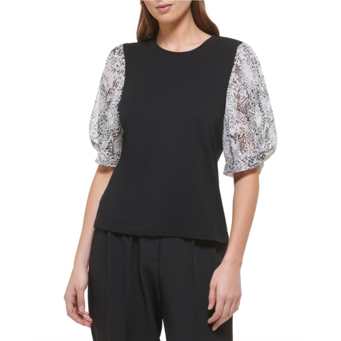 DKNY Short Sleeve Crew Neck Printed Chiffon Sleeve Blouse