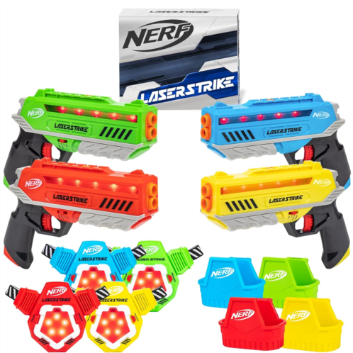 NERF Laser Strike 4 Player Laser Tag Game Pack Complete with 4 300ft Range Blasters, 4 Target Vests & 4 Holsters - Indoor or Outdoor Play Arcade Games, Toys for Kids & Family