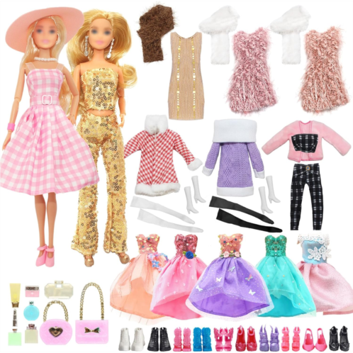 Carreuty 36 PCS Doll Clothes for 11.5 inch Girl Doll Including 1 The Movie Pink Dress 1 Sequn Outfits 1 Winter Set 3 Fashion Dress 1 Shawls 14 Makeup Kit 1 Hat 12 Pair Shoes in Random for G