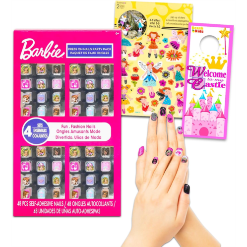 Barbie Mattel Nail Art Stickers Set for Girls, Kids - Bundle with 48 Barbie Stick On Nails for Birthday Supplies, Goodie Bags, and More, with Stickers and Temporary Tattoos (Barbie