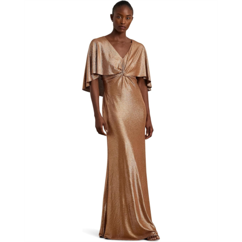 POLO RALPH LAUREN Womens Lauren Ralph Lauren Metallic Knit Twist-Front Cape Gown