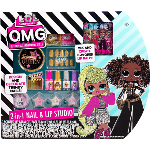 L.O.L. Surprise! O.M.G. 2-in-1 Lip & Nail Studio by Horizon Group USA, Double Feature Series, DIY Beauty Kit for Kids, Create 3 L.O.L. Surprise Lip Balms, Design & Decorate Trendy