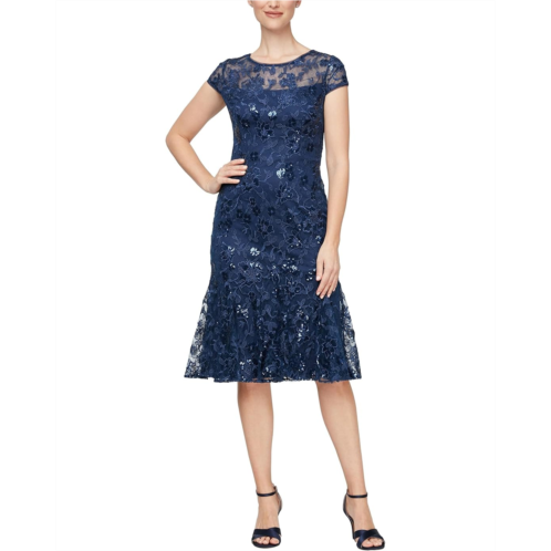 Womens Alex Evenings Short Embroidered Dress with Flounce Detail Skirt and Cap Sleeves