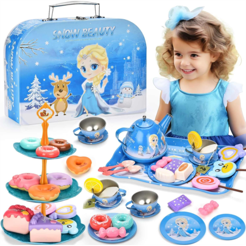 Lajeje Tea Party Set for Little Girls - Frozen Toys for Girls - Elsa Princess 48 Pack Kids Kitchen Pretend Toy with Tin Tea Set, Desserts & Carrying Case - Birthday Gift for Age 3 4 5 6 Y