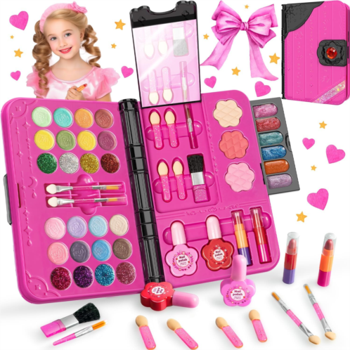 Hollyhi 48 Pcs Kids Makeup Kit for Girl, Washable Play Make Up Toys Set with Mirror, Dress Up Pretend Beauty Set Toys for 3 4 5 6 7 8 9 10 11 12 Year Old Kids Toddlers Girl, Birthd