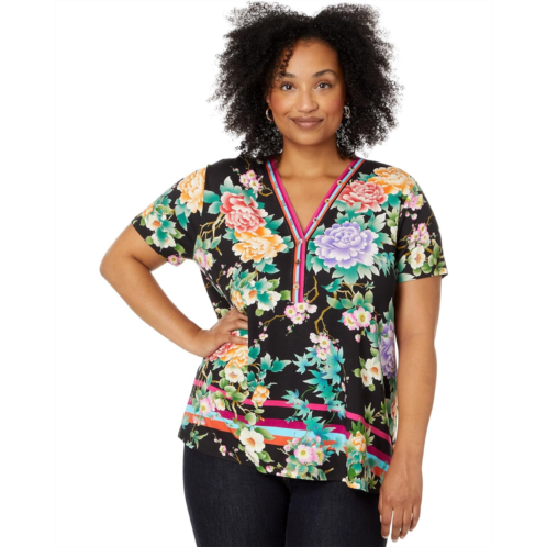 Womens Johnny Was The Janie Favorite Button Neck Tee- Le Jardin Plus Size