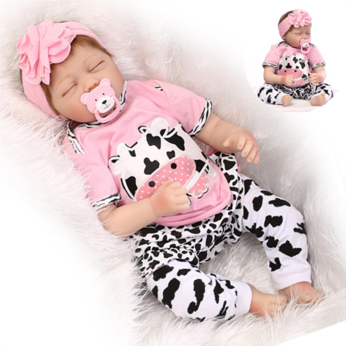 Medylove Sleeping Reborn Baby Doll Girl Soft Vinyl Silicone Lifelike 22 inchs 55 cm Handmade Weighted Body Eyes Closed Pink Cow Outfit Gift Set for Ages 3+ Prime