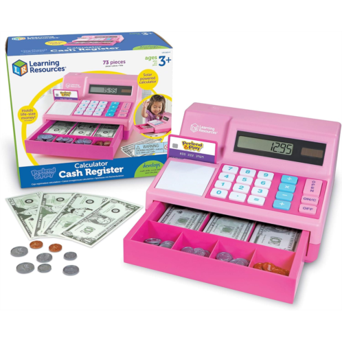 Learning Resources Pretend & Play Calculator Cash Register Pink - 73 Pieces, Ages 3+, Cash Register for Kids, Play Money for Kids, Toddlers Toys, Toy Register