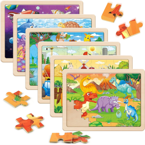 SYNARRY Wooden Puzzles for Kids Ages 4-6, 6 Packs 60 PCs Jigsaw Puzzles Preschool Educational Toys Gifts for Children Ages 4-8, Kids Puzzles for 4+ Year Olds Boys Girls, Wood Puzzl