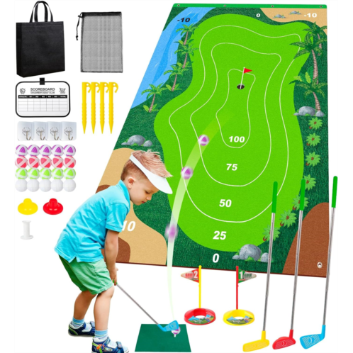 Liberry Kids Golf Set for 3 4 5 6 7 Years Old Boys Girls, Golf Chipping Game with Golf Mat, Sticky Balls, Storage Bag, Retractable Golf Clubs Indoor Outdoor Sports Toy Gift Toss Ga