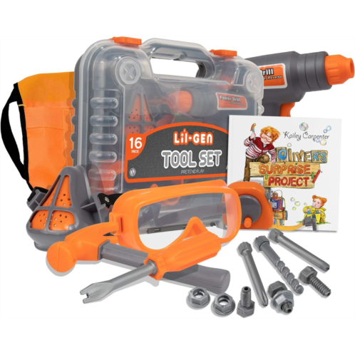 Lil-Gen Kids Tool Set with Book, 16 Pieces Tools Plus Case - Includes Olivers Surprise Project! Book Pretend Play Toys for Boys and Girls Age 3+