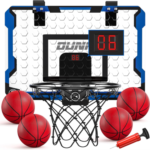 TEMI Indoor Basketball Hoop for Kids, Indoor Over The Door Mini Basketball Hoops, Mini Hoop with Electronic Scoreboard & 4 Balls, Basketball Toys for 3 4 5 6 7 8 9 10 11 12 Year Ol