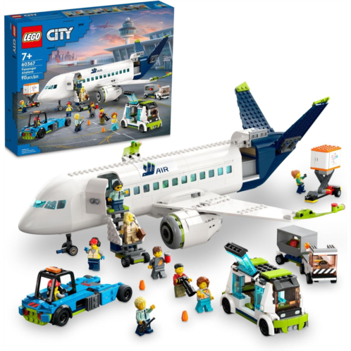 LEGO City Passenger Airplane 60367 Building Toy Set; Fun Airplane STEM Toy for Kids with a Large Airplane, Passenger Bus, Luggage Truck, Container Loader, and 9 Minifigures