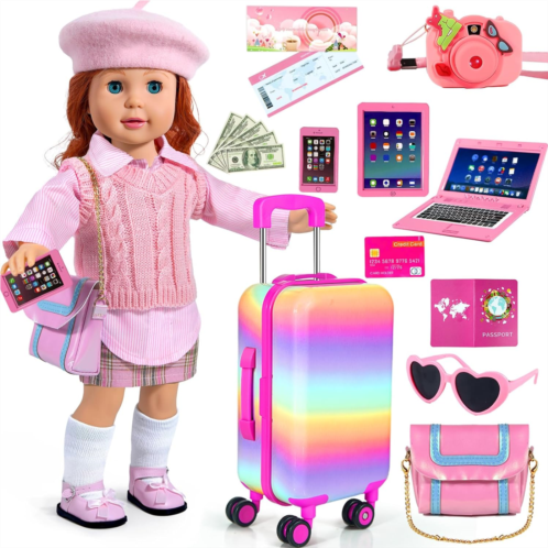 WONDOLL 18-inch-Doll-Clothes and Accessories - Doll-Travel-Suitcase Luggage, Doll-Clothes and Shoes, Bag, Sunglasses, Camera, Passport, Notebook, Phone, pad Doll Travel Gear Play S