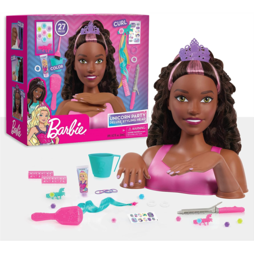 Barbie Unicorn Party 26-Piece Deluxe Styling Head, Dark Brown Hair, Pretend Play, Kids Toys for Ages 5 Up, Amazon Exclusive