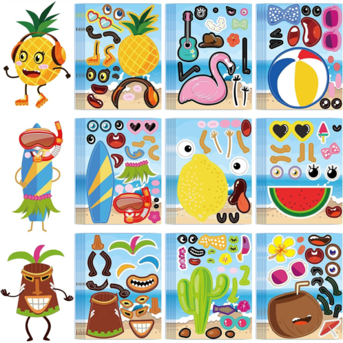 Tenare 54 Sheet Hawaii Make a Face Stickers, Summer Luau Party Favors, DIY Your Own Hawaii Stickers, Beach Tropical Cartoon Mix and Match Decals for Kids Luau Party Game Supplies