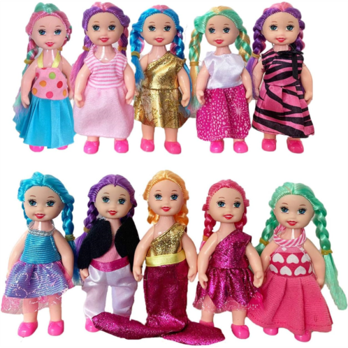 JING SHOW BUSSINESS 10 Sets Doll Clothes for 4 inch Mini Doll ，Include 10 Pieces Girl Mini Dolls, 10 Sets Handmade Doll Clothes and 10 Pairs of Doll Shoes