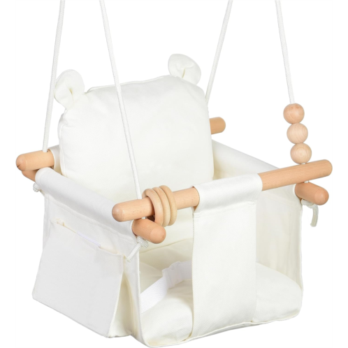 FAETKLC Canvas Baby Swing Seat Wooden Baby Hanging Swing Door Swing Baby Toddler Cream Indoor Baby swingSwing with Safety Belt and 2 Side Pockets for Indoor Playground Sport & Outdoor Play