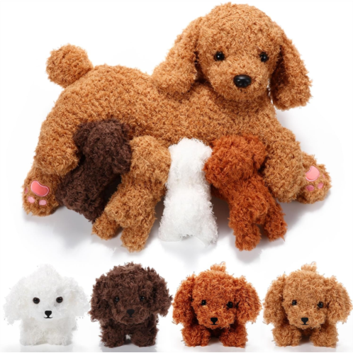 Honoson Nurturing Dog Stuffed Animal with Puppies Set Nursing Mommy Dog Plush with 4 Baby Puppies Soft Cute Stuffed Plush Toys for Girls Boys Kids Birthday Gifts Party Favors(Curly