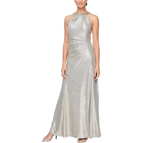 Womens Alex Evenings Metallic Knit Long Halter Neck Dress with Ruched Waist