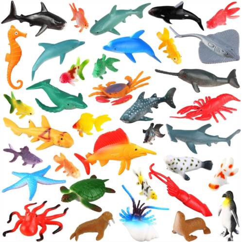 PINOWU [36 Pack] Ocean Sea Animals Bath Toys for Party Favor Supplies - 2-4 inch Rubber Ocean Creatures Figures with Marine Octopus Shark Fish Sea Life for Child Education, Party Bag Fill