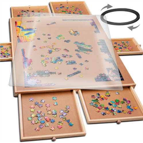 PLAYVIBE 1500 Piece Rotating Wooden Jigsaw Puzzle Table - 6 Drawers, Puzzle Board with Puzzle Cover 27” X 35” Jigsaw Puzzle Board Portable - Portable Puzzle Table