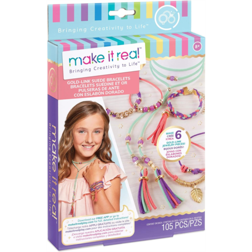 Make It Real: Gold-Link Suede Bracelets Kit - Create 6 Unique Cord & Tassel Charm Bracelets, 105 Pieces, Includes Play Tray, DIY Link & Bead Jewelry Kit, Tweens & Girls, Arts & Cra