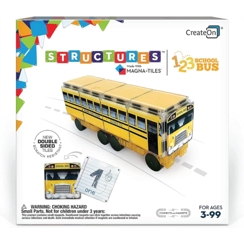 CreateOn Magna-Tiles Structure-Building Set for Kids, 123 School Bus Magnet Tiles, Magnetic Kids Building Toys, STEM Toys for Boys and Girls Ages 3+, 16 Pieces