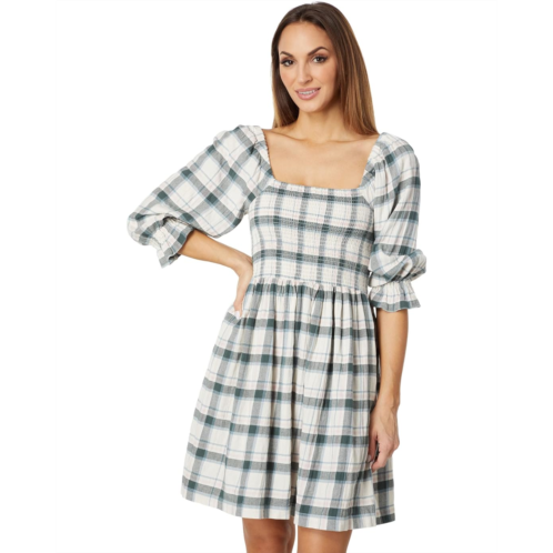 Madewell Lucie Elbow-Sleeve Smocked Mini Dress in Lebaum Plaid