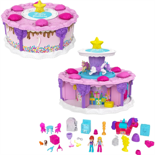 Polly Pocket 2-in-1 Playset, Unicorn Toy with 2 Micro Dolls and 25 Surprise Accessories, Birthday Cake Countdown