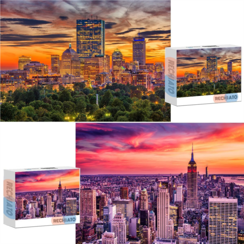RECHIATO 2 Pack 1000 Pieces for Boston Downtown Skyline and New York City Midtown Puzzles, Jigsaw Puzzles for Adults 1000 Pieces and Up, Puzzle Gifts for Women & Mom & Men.