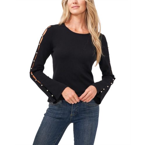 CeCe Long Sleeve Crew Neck Sweater w/ Peral Trim