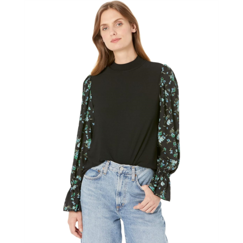 CeCe Mixed Media Knit Top w/ Printed Sleeve