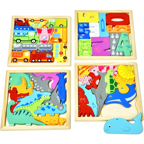 Aclarastra 4 Wooden Puzzles for Toddlers Kids - Dinosaur Puzzles for 3 4 5 6 Years Old, Wood Animal Number Car Puzzles for Kids, Stacking Matching Learning Educational Montessori T