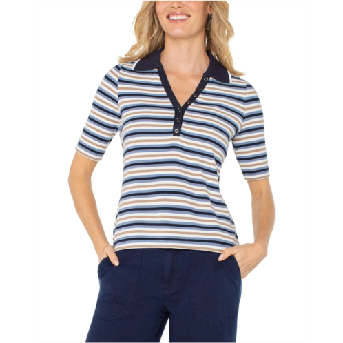 Womens Liverpool Los Angeles Shirred Half Sleeve Collared Henley Knit Top