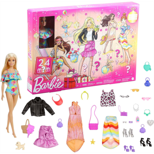 Mattel Barbie Advent Calendar with Barbie Doll (12-in), 24 Surprises Including Day-to-Night Trendy Clothing & Accessories, Festive Holiday Themed Packaging for Kids 3 to 7 Years Old