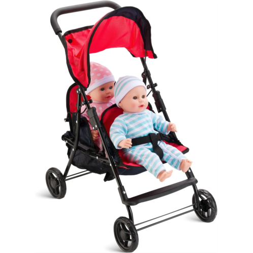 Hushlily Tandem Double Doll Stroller with Adjustable Canopy & Basket, Foldable, with Smooth Rolling Wheels (Red & Blue)