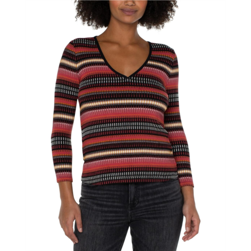 Liverpool Los Angeles 3/4 Sleeve V-Neck Knit Top with Contrast