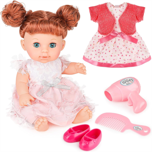 deAO Girl Baby Dolls Toddler Doll 11 inch Realistic Newborn Baby Doll Toy for Kids Age 3+ Realistic Long Hair Baby Doll with Dresses, Shoes, Comb & Hair Dryer Baby Girl Gift Set