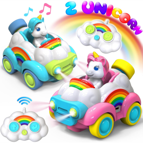 HopeRock Unicorn Toys Remote Control Cars,Toys for Ages 2-4,Toys for 3 Year Old Girl 2 Pack with LED Lights,Music,and Sound,Birthday Gift for 2 3 4 5 6 Year Old Girls(Blue and Pink