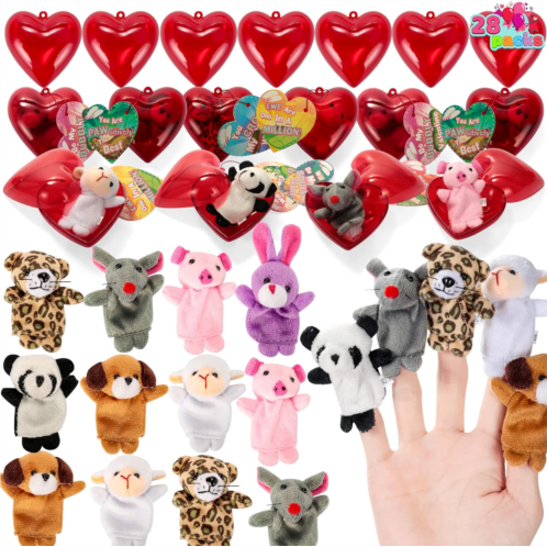 JOYIN 28 Packs Valentines Day Prefilled Hearts with Plush Animal Finger Puppet and Valentins Card for Kids Valentine Classroom Exchange, Valentine Party Favors, Gift Exchange, Game
